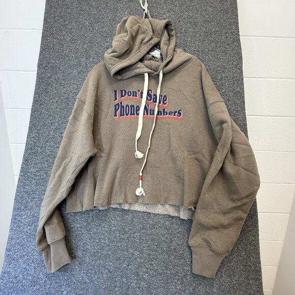 Wildfox Sweaters - Wildfox Who Dis Harley Graphic Fleece Hoodie Taupe Gray Boxy Raw Hem Size XL NWT